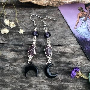 Silver Purple Wire Wrapped Ruby Crescent Moon Earrings